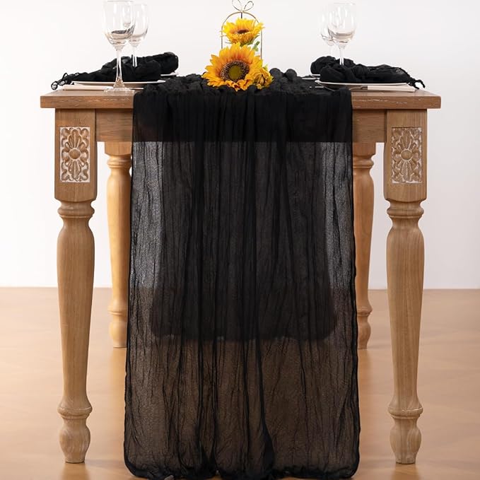Black Cheesecloth Table Runner Christmas Table Runner 120 Inches Boho Gauze Cheese Cloth Table Decor for Xmas Holiday Season Wedding Bridal Baby Shower Party Decor