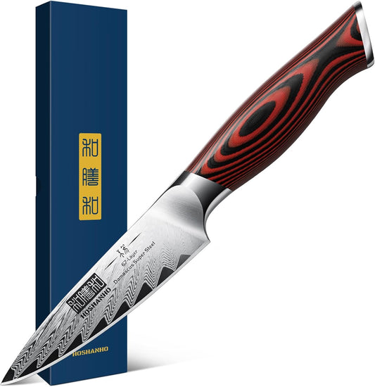 Paring Knife 3.75 Inch Small Kitchen Knife, Super Sharp Damascus Steel Fruit Knife, Multifunctional Peeling Knife for Cutting Fruit Vegetables