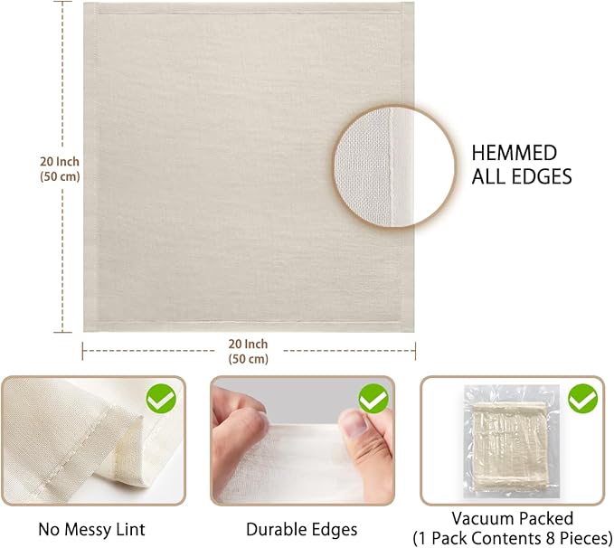 Olicity Cheesecloth Bulk, 8PCS, Grade 100, 20x20Inch Hemmed Cheese Cloth Fabric Reusable Fine Mesh Cloth, 100% Cotton Unbleached Precut Muslin Cheesecloth for Straining, Cooking, Baking, Cheese