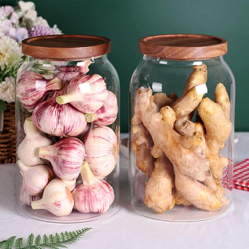 SAIOOL 1 Gallon Glass Jar with Wooden Acacia Airtight Lid,Large Glass Storage Jar set of 2, BPA-Free Cereal Dispenser Jars for flour,Spaghetti Pasta, Powder, Tea, Coffee