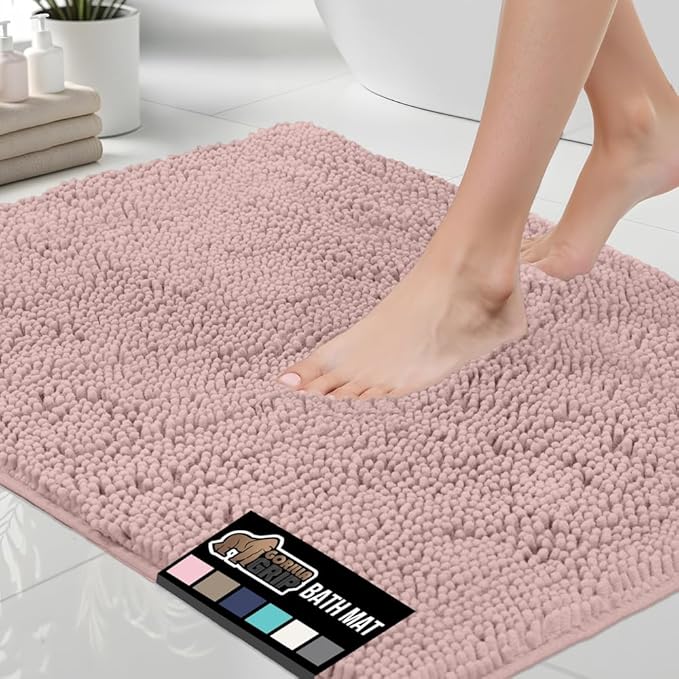 GORILLA GRIP Bath Rug Mat 30x20, Thick Soft Absorbent Chenille, Quick Dry Microfiber Mats, Rubber Backing Washable Shower Floor Rugs, US Designed Bathroom Bathmat Home Decor Accessories, Dusty Rose