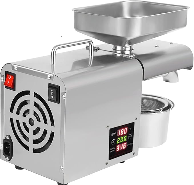 Oil Press Machine 610W Cold/Hot Press Oil Extractor Machine with Oil Cup, Funnel & Filter, 304 Stainless Steel Oil Press Machine, 3-6 kg/h Oil Press Speed, for Peanut Soybean Rapeseed Silver 110V