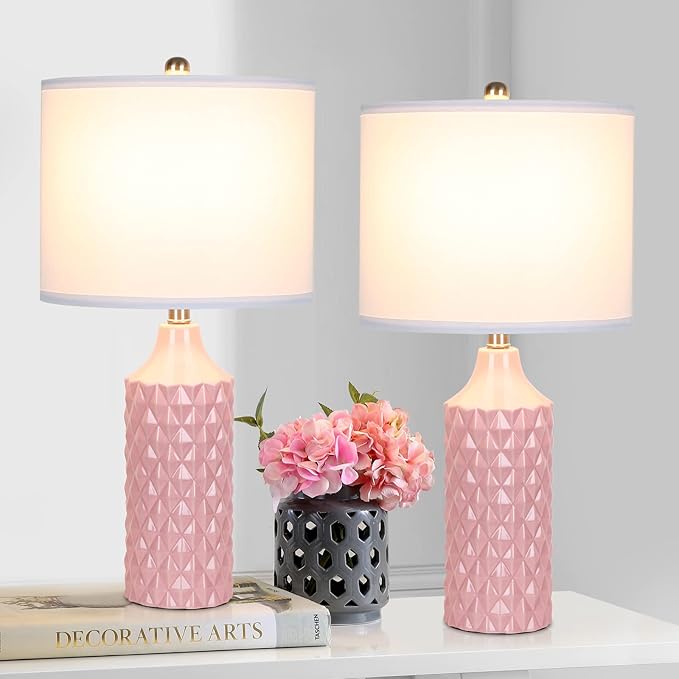 Modern Pink Ceramic Table Lamps Set of 2, 25" Nightstand Lamps with 3-Way Dimmable Bulbs for Bedroom & Living Room