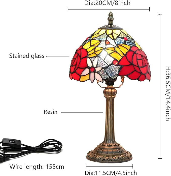 Tiffany Lamp - Red Rose Stained Glass Table Lamp 8x8x14 Inches - Red Rose Style Desk Reading Light - Bedroom & Living Room Decor