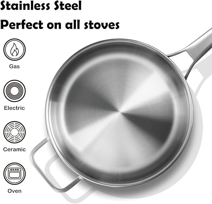 Saute Pan,7 Quart Saute pan,Stainless Steel Cookware,skillet,12.5 inch Stainless Steel Saute Pans with Lid,Dishwasher and Oven Safe, Works on All Cooktops