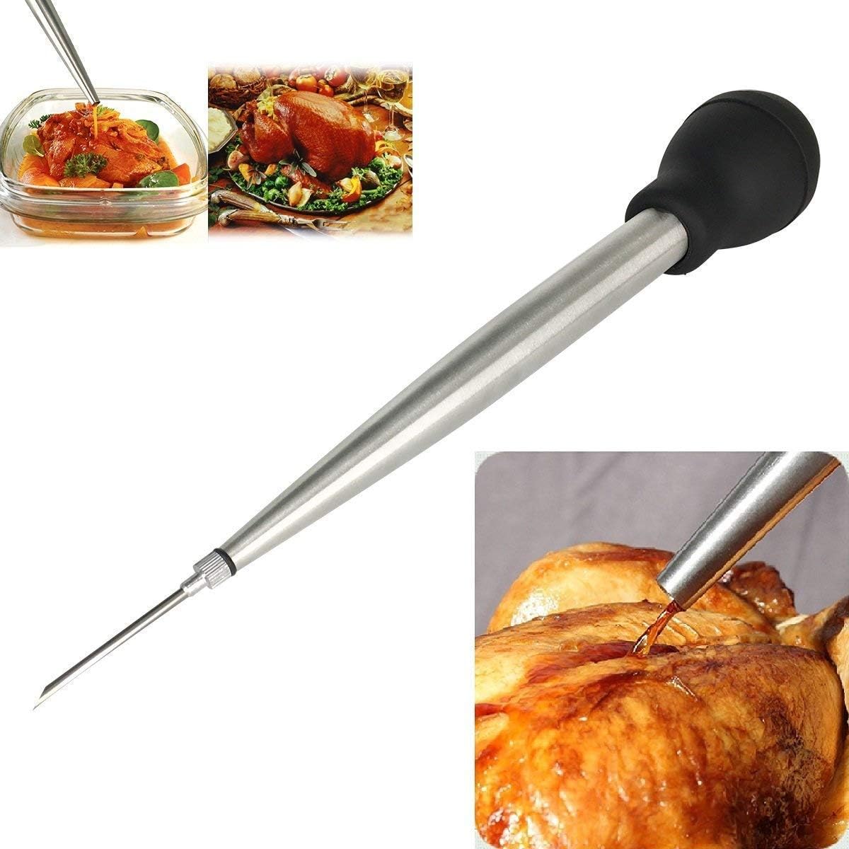 304 Stainless Steel Turkey Baster Syringe Injector Needle With Cleaning Brush- black Rubber Bulb