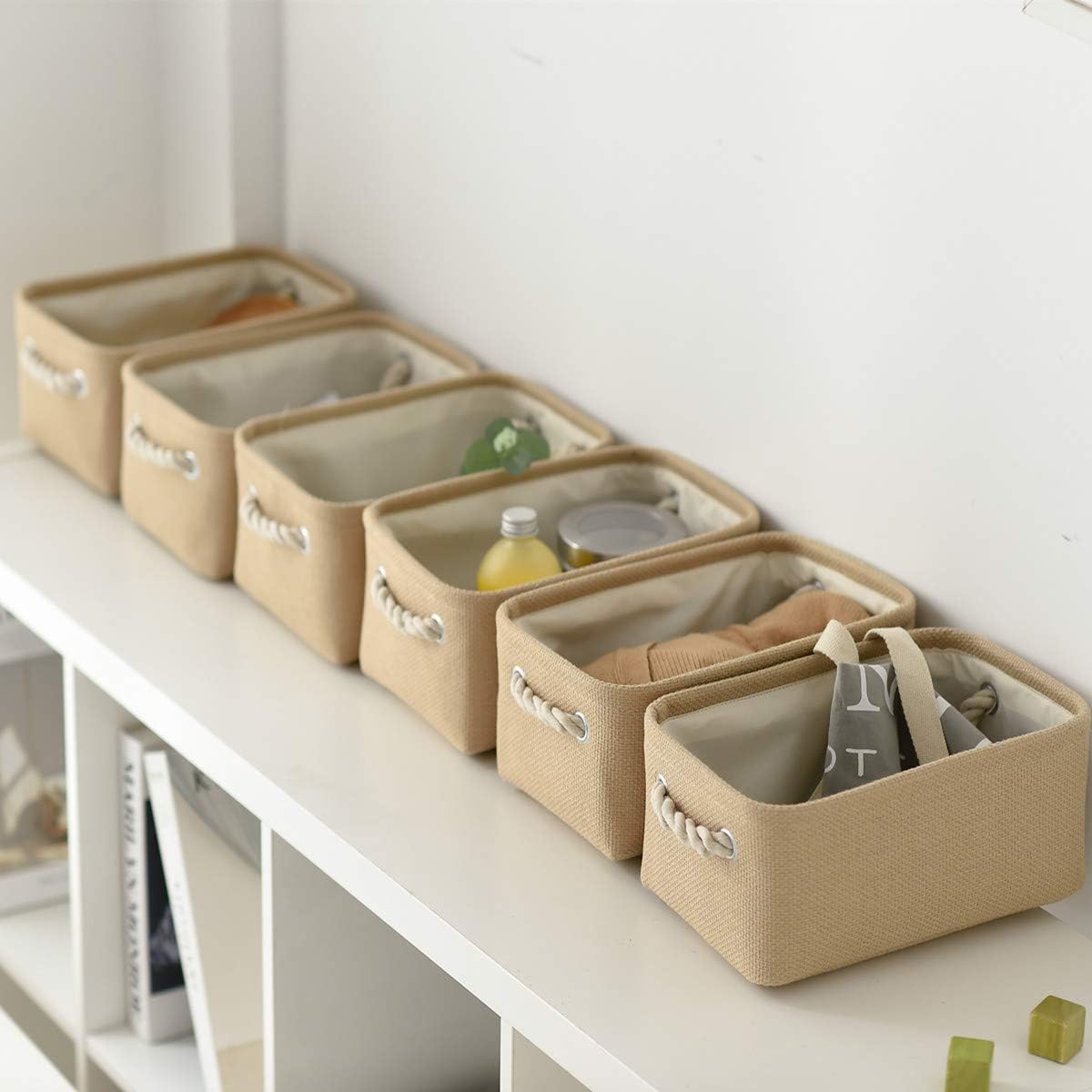 TheWarmHome Storage Basket for Organizing - Small 6 Pack 11.8x7.8x5.2 inch Fabric Storage Cubes with Cotton Rope Handle, Collapsible Storage Bins Baby Storage Toy Nursery (Beige)
