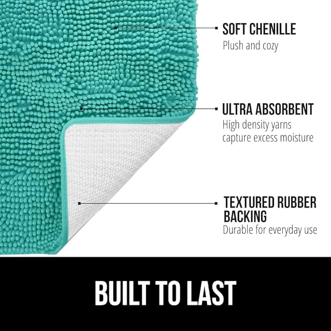 GORILLA GRIP Plush Absorbent Shaggy Chenille Bath Rug Mat for Square Toilet Base with Rubber Backing, Machine Washable Rugs, Soft Microfiber Contour Mats for Toilets, Bathroom Decor, Turquoise