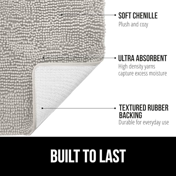 GORILLA GRIP Bath Rug Mat 60x17, Soft Absorbent Chenille, Quick Dry Microfiber Mats, Rubber Backing Washable Shower Floor Rugs, Bathmat Runner, US Designed Bathroom Home Decor Accessories Light Gray
