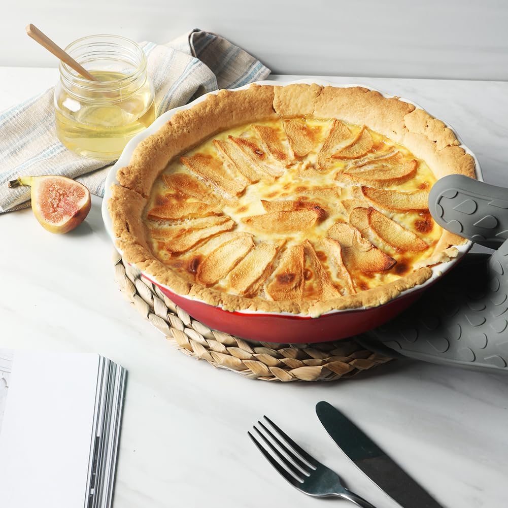 Sweejar Ceramic Pie Pan - 10 Inch Round Baking Dish for Dinner, Non-Stick with Soft Wave Edge for Apple, Pumpkin, Pot Pies (Red)