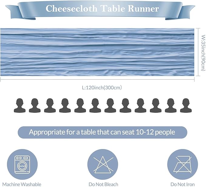 12 Pack Dusty Blue Cheesecloth Table Runner 35"×120" Gauze Fabric Table Runner Rustic Sheer Runner for Wedding Birthday Baby Shower Party Table Decoration Dusty Blue 12 Pack