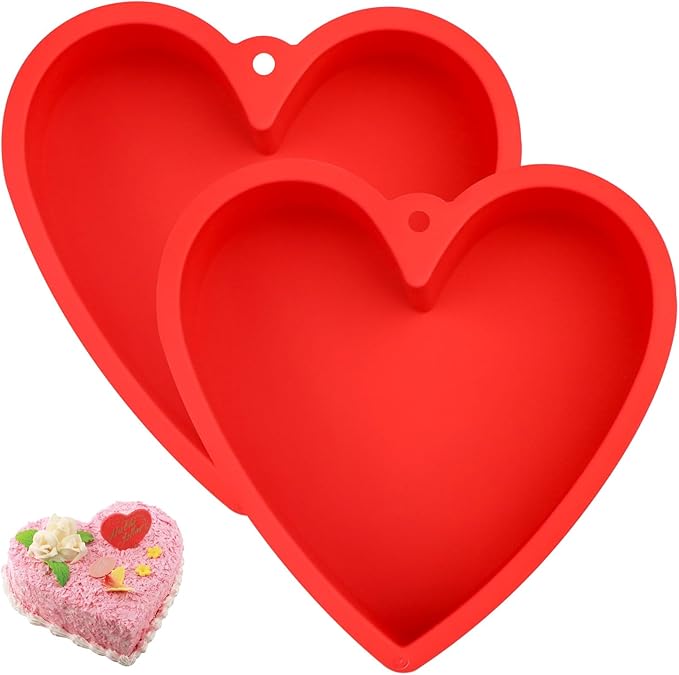 2Pcs Red Heart Shaped Cake Pans, 8 inch Heart Cake Pans Silicone Cake Molds with Hanging Hole, Freezer, Microwave and Oven Safe