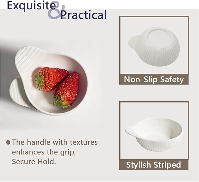 Porcelain Sauce Bowls with Handle, White, 4 oz / 4 Inch, Microwave Dishwasher Oven Safe, Small Ceramic Serving Bowls for Dipping Snacks Condiments Dessert, Set of 4