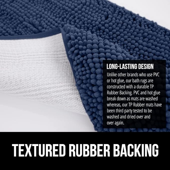 GORILLA GRIP Bath Rug Mat 36x24, Soft Absorbent Chenille, Quick Dry Microfiber Mats, Rubber Backing Washable Shower Floor Rugs, Bathmat Runner, US Designed Bathroom Home Decor Accessories Navy Blue