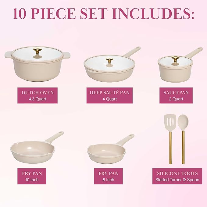 Paris Hilton Ceramic Nonstick Cookware Set, Cast Aluminum with Dual Layer Nonstick Coating, Gold Heart Knobs, Stay-Cool Handles, Made without PFAS, PFOA, PFOS & PTFE, Dishwasher Safe, 10-Piece, Cream