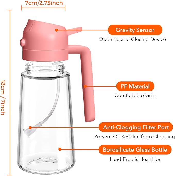 YARRAMATE 2Pcs 16oz/470ml Glass Olive Oil Sprayer for Cooking with Stickers, 2 in 1 Oil Dispenser for Kitchen Gadgets, Food Grade Premium Spray Bottle with Portion Control for Salad, BBQ (Pink&Black)