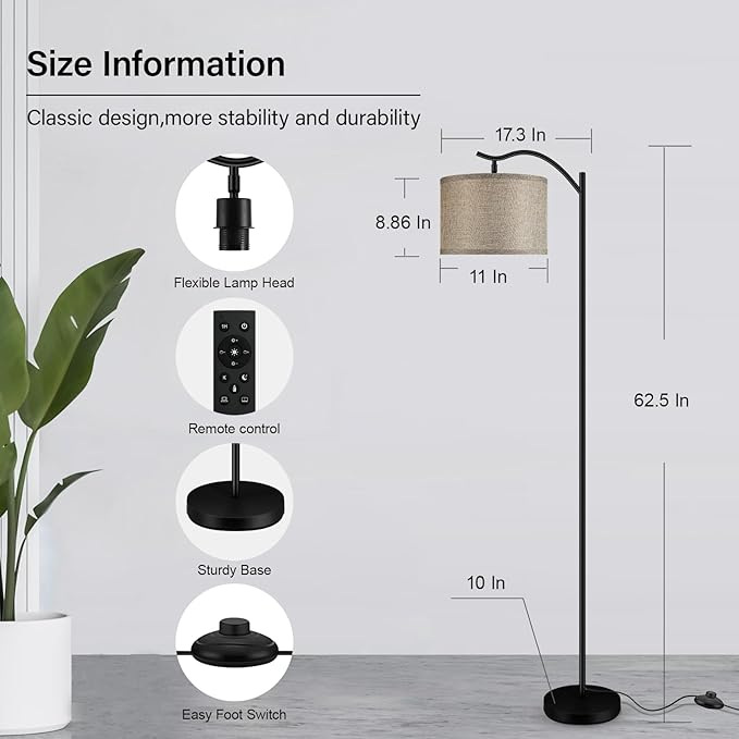 BoostArea Floor Lamp for Living Room,Arc Floor Lamp with Remote Control,Stepless Dimmable Brightness & Colors Temperature 2700k-6500k,Modern Standing Lamp for Bedroom Study Room Office,Jute