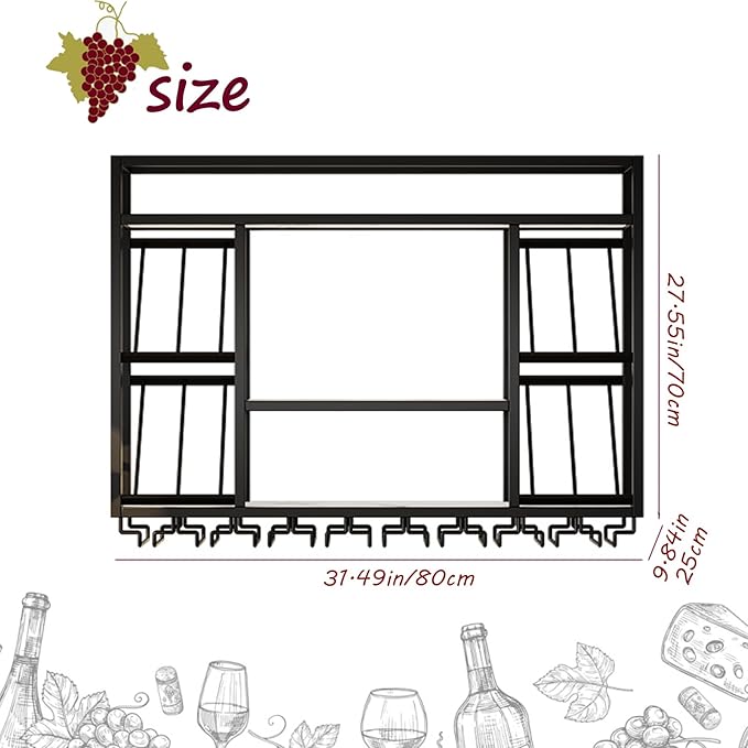 Wall Mounted Wine Racks with Glass Holder, 3 Tier Wine Storage Display Rack, Floating Rustic Metal Bar Liquor Shelves, for Home Bar, Wine Kitchen Storage (Black, 31.49x27.55x9.8in)