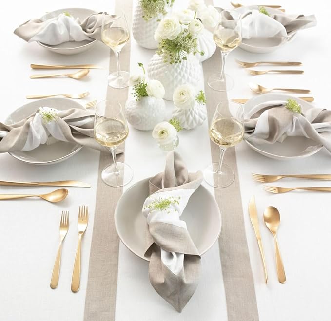 Solino Home Linen Table Runner 36 Inches - 100% Pure Linen Natural and White Table Runner 14 x 36 Inch Ideal for Dresser and Coffee Tables - Christmas, Winter, New Year - Contempo