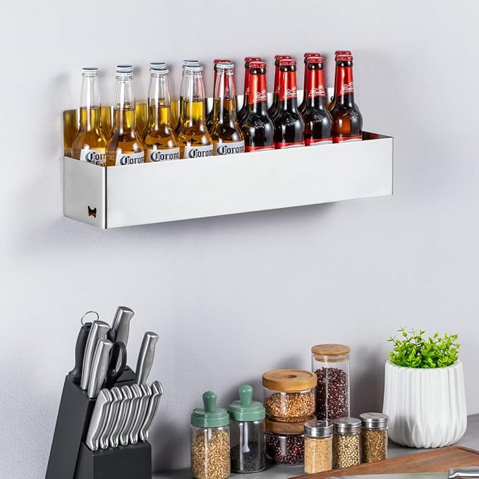 FlagShip Speed Rail 22 Inch Stainless Steel Liquor Bottle Holder Wall Mounted Syrup Rack Bottle Storage for Bar,Kitchen,Coffee Station
