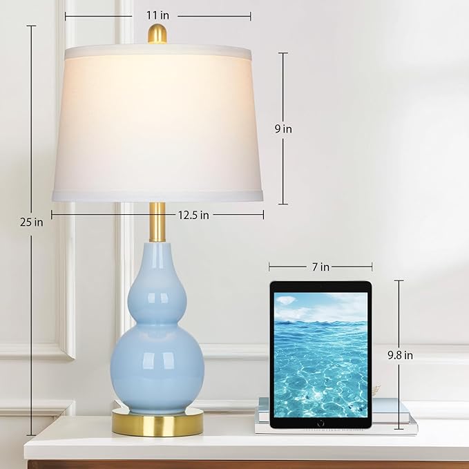 25" Modern Ceramic Table Lamps Set of 2, Blue Double Gourd Ceramic Lamps for Living Room, Coastal Farmhouse Rustic Bedside Nightstand Nautical Lamps for Bedrooms Home Office Dorm(2 LED Bulbs Included)