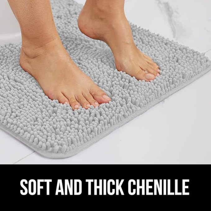 GORILLA GRIP Bath Rug Mat, Thick Soft Absorbent Chenille, Quick Dry Microfiber Mats, Rubber Backing Washable Shower Floor Rugs, US Designed Bathroom Bathmat Home Decor Accessories, 24x17 Light Gray