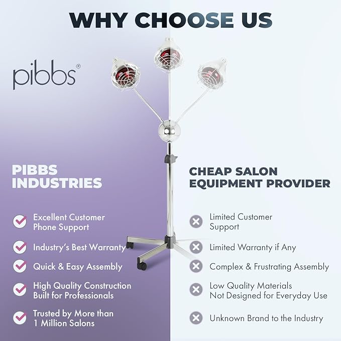 Pibbs TL931 Infrared Hair Color Processing Lamp - 3 Head Adjustable Infrared Dryer with Flexible Chrome Arms, 750W Heat Output, Deluxe Height-Adjustable Base & 5 Rolling Casters, Model TL931