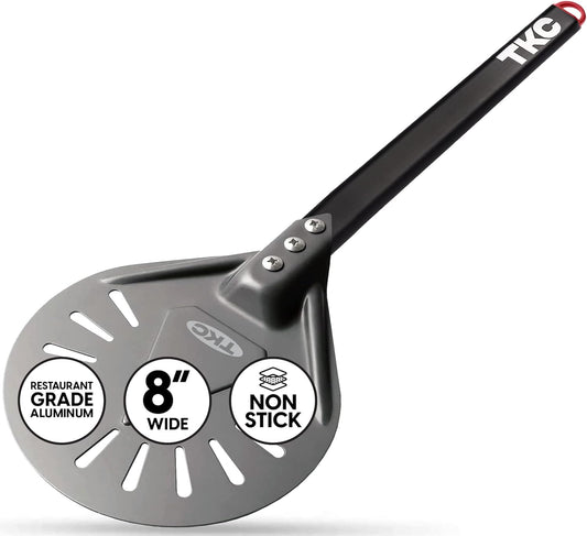 TKC 8" Perforated Pizza Peel - Professional Aluminum Pizza Turning peel - Long Handle Metal Pizza Spatula for Indoor and Outdoor - Lightweight Non-Stick Pizza Turner - Pizza Oven Accessories
