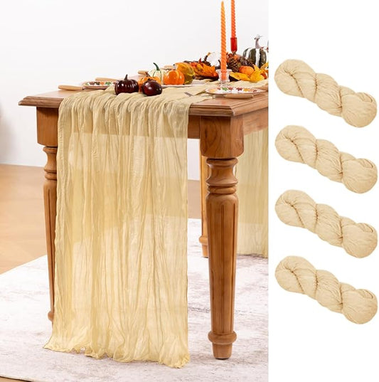 Champagne Gold Cheesecloth Table Runner 4 Pack Christmas Table Runners Boho Gauze 120 Inches Champagne Cheese Cloth Table Decor for Xmas Holiday Season Parties Wedding Bridal Baby Shower