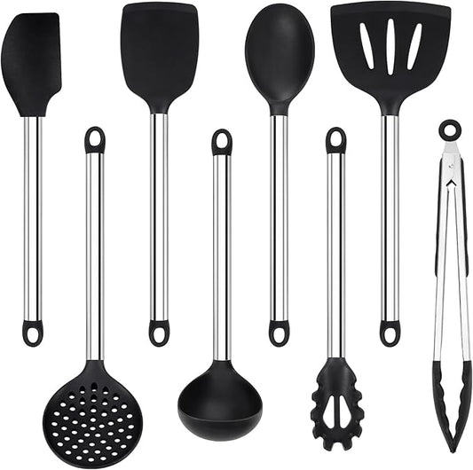 Silicone Cooking Utensils Set, Vayvnt 8 PCS Kitchen Utensils Set with Stainless Steel Handle, Heat Resistant Kitchen Tools for Nonstick Cookware, Large Spatula Spoons Turner, Dishwasher Safe, Black