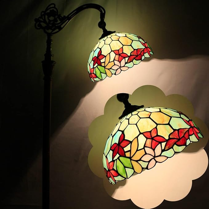 Tiffany Floor Lamp Stained Glass Lamp 18.88X12X67 Inch Angle Adjustable Arched Gooseneck Antique Reading Light (Red Green Flowers)