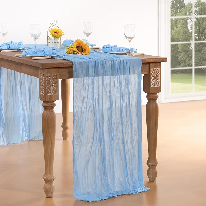 Baby Blue Cheesecloth Table Runner 12 Pack Christmas Table Runners Boho Gauze 120 Inches Light Blue Table Decor for Xmas Holiday Season Parties Wedding Bridal Baby Boy Shower Birthday