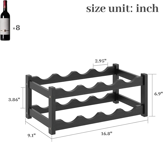 Wine Rack，Bamboo Wine Storage Cabinet Shelf，Countertop Wine Shelf- Freestanding Wine Holder for Kitchen & Pantry (Black, 2-Tier)