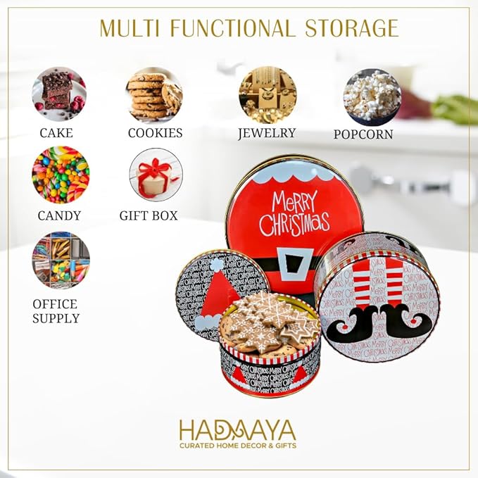 Pack of 3 Round Metal Nesting Tins – Stackable Christmas Cookie Tins with Lids for Kids' Cookies, Candy, Snacks, Crafts & Kitchen – Fun Xmas Elf Hat Design