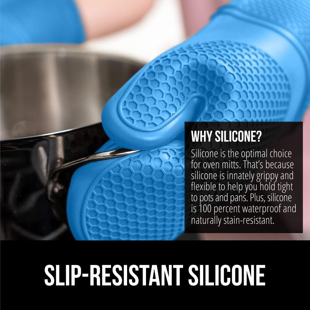 GORILLA GRIP BPA-Free Soft Silicone Oven Mitts, 14.5x8.3, Heat Resistant and Waterproof Cooking Gloves, Thick Cotton Lining, Flexible Gripping for Baking Grilling, Kitchen Potholders Set of 2, Aqua