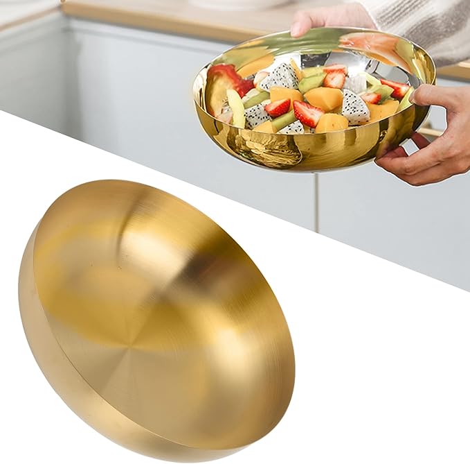 Stainless Steel Mixing Bowl, 9.4 inch Gold Salad Serving Bowls Flat Base Metal Prep Bowl Ramen Noodle Soup Bowls for Baking Serving Mixing and Cooking Prep