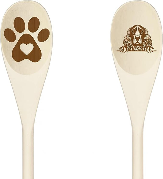 Decorative Wooden Spoons with Peeking Dog Designs, Paw Print and Dog Head, Kitchen Utensils Set of 2 (CLUMBER SPANIEL)