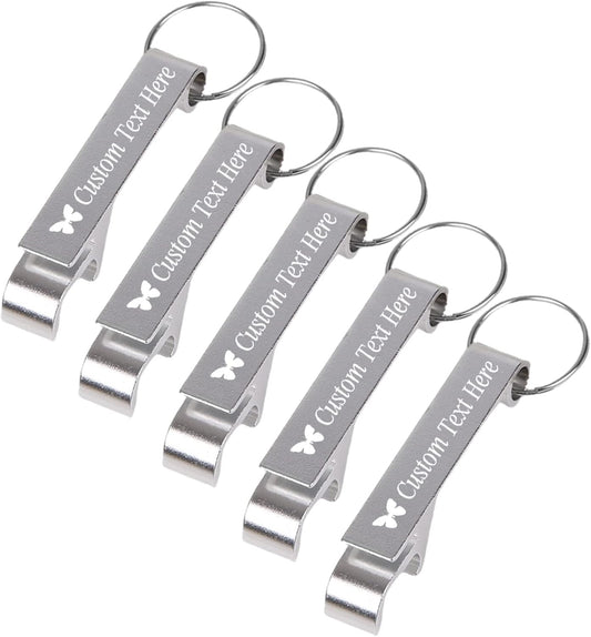 5PCS Personalized Bottle Opener Keychain Bulk Custom Beer Bottle Opener with Logo Text Engraved Wedding Bottle Opener Favors Customized Gifts for Guests Baby Shower Birthday Party-Silver