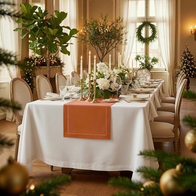 D'Moksha Homes Linen Rust Table Runner 60 Inches - Classic Hemstitch, 100% Pure Linen Coffee Table Runner 14 x 60 Inch Ideal for Dresser Tables - Winter, Christmas, Holiday, New Year