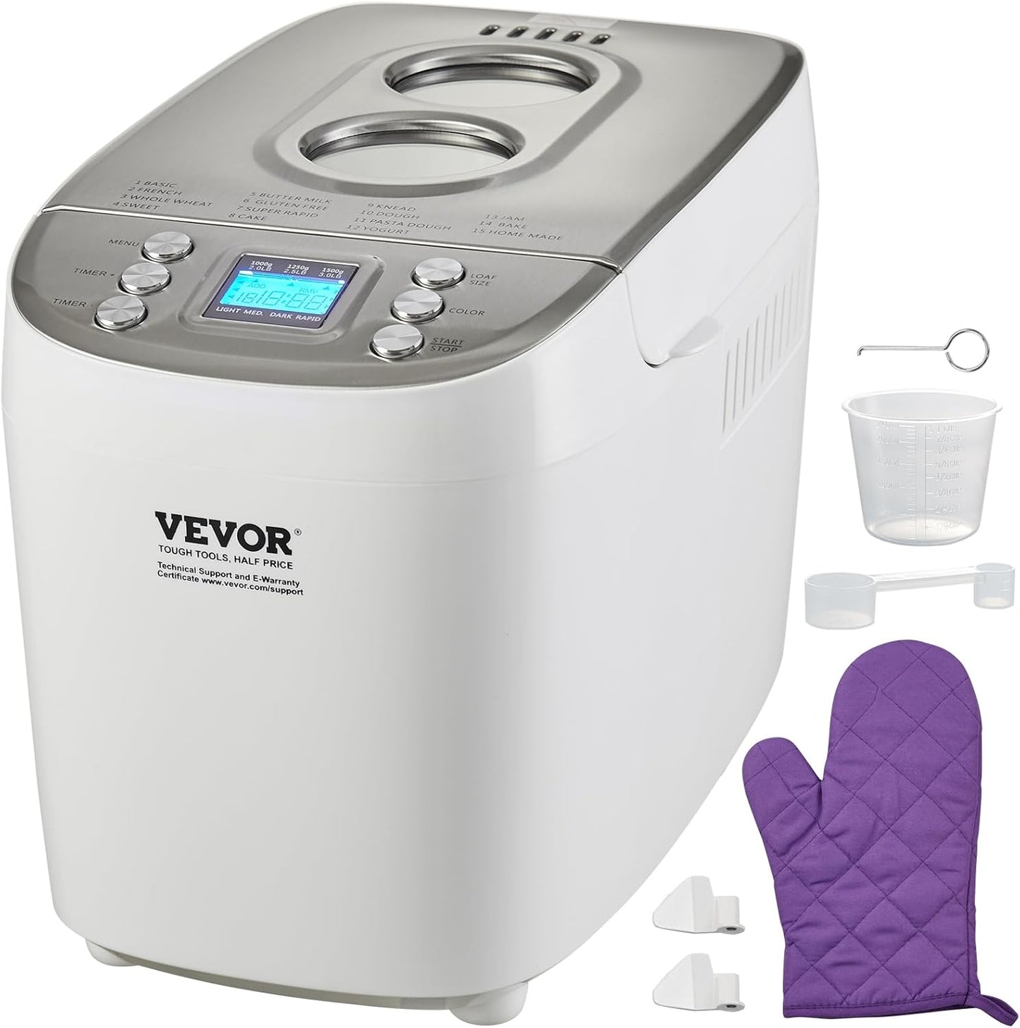 VEVOR Bread Maker, Dough Machine 15 Menus in 1, Non-Stick Ceramic Pan Automatic Breadmaker with Non-Gluten Setting, Whole Wheat Bread Making, Digital, Programmable, 3 Loaf Sizes, 3 Crust Colors, White