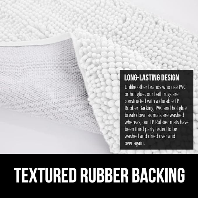 GORILLA GRIP Bath Rug Mat 48x17, Thick Soft Absorbent Chenille, Quick Dry Microfiber Mats, Rubber Backing Washable Shower Floor Rugs, Bathmat Runner, US Designed Bathroom Home Decor Accessories White