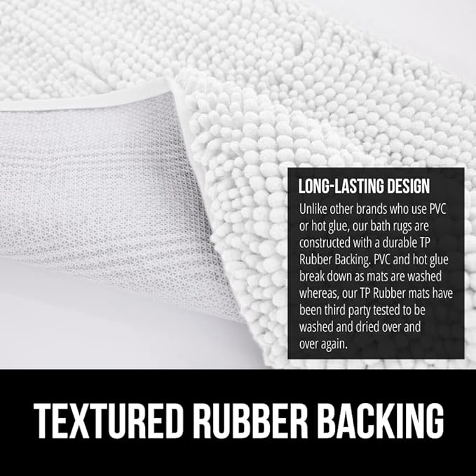 GORILLA GRIP Bath Rug Mat 36x24, Thick Soft Absorbent Chenille, Quick Dry Microfiber Mats, Rubber Backing Washable Shower Floor Rugs, Bathmat Runner, US Designed Bathroom Home Decor Accessories White