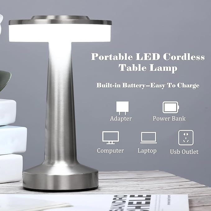 Riakrum 2 Pcs LED Portable Cordless Table Lamp with Touch Sensor 3 Color Stepless Dimming Rechargeable Battery up to 15 Hours Cordless Table Light Wireless Lamp for Nursery (Silver)