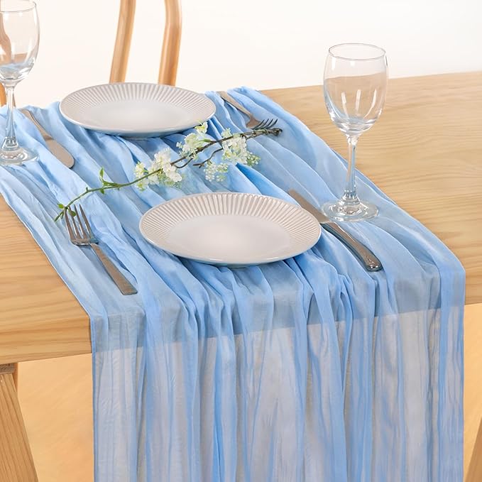 MLMC 12 Pack Baby Blue Cheesecloth Table Runner 10ft Rustic Light Blue Baby Shower Table Runner Bulk 35x120 Inches for Wedding Birthday Baby Shower Gender Reveal Decor