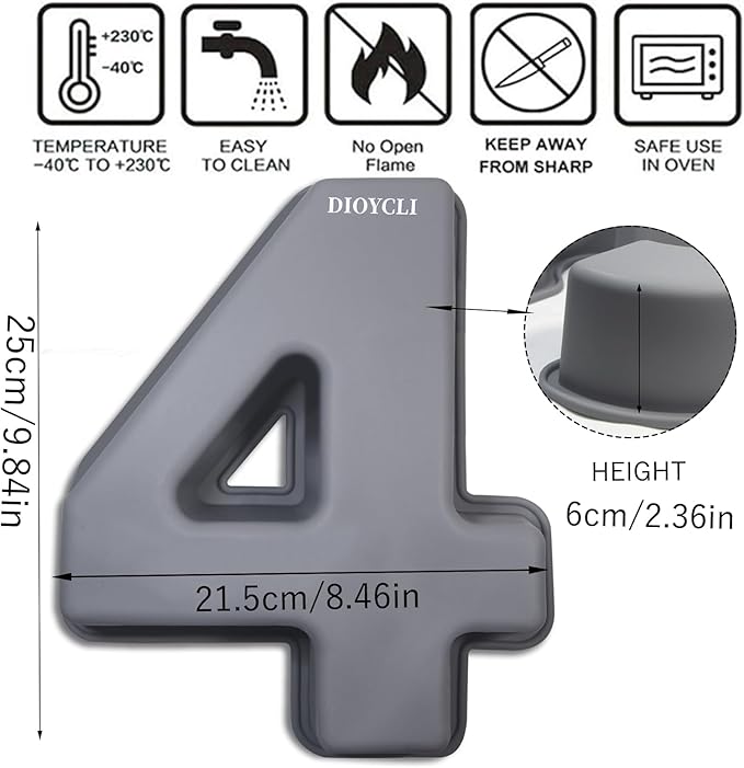 Dioycli Large Number Cake Pans for Baking 3D Cake Silicone Cake Mold DIY Personalized Cake Pan for Birthday and Wedding Anniversary Number 4 Cake Pan of 10 Inch