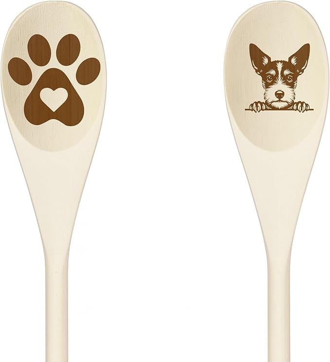 Decorative Wooden Spoons with Peeking Dog Designs, Paw Print and Dog Head, Kitchen Utensils Set of 2 (TOY FOX TERRIER)