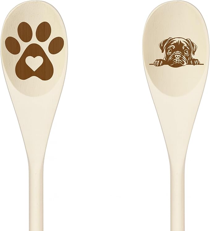 Decorative Wooden Spoons with Peeking Dog Designs, Paw Print and Dog Head, Kitchen Utensils Set of 2 (PUG)