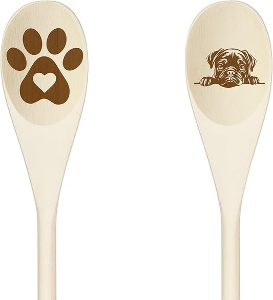 Decorative Wooden Spoons with Peeking Dog Designs, Paw Print and Dog Head, Kitchen Utensils Set of 2 (PUG)