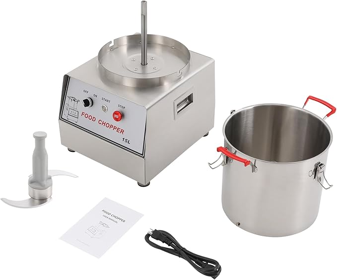 Stainless Steel Commercial Food Processor, 1400W Electric Food Chopping Machine, 3.96Gal Capacity, Food Cutter with Safety Lock, Detachable Barrel and Blades for Easy Cleaning
