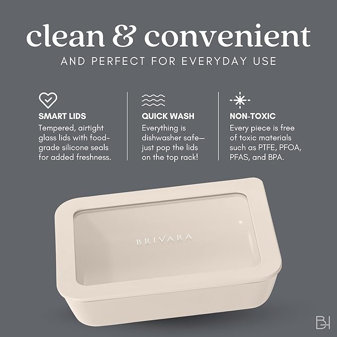 Ceramic Coated Glass Food Storage Container | No PTFE, PFOA, PFAS, and BPA | Reusable Non Toxic Meal Prep Container with Glass Lid | Easy To Store | 2.5 Cup Square [Crema]